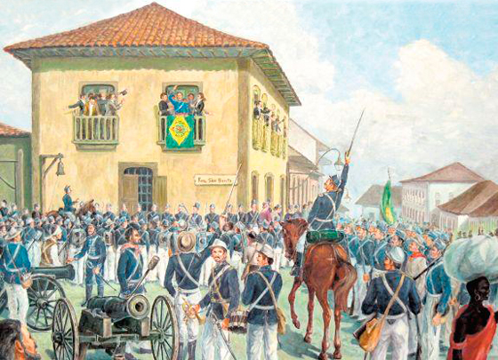 MARANGONI, Ettore. [Sem título]. 1973. Pintura, óleo sobre tela, 2,31 x 1,25 x 0,04 m. A movimentação dos rebeldes em maio de 1842, na cidade de Sorocaba, onde a revolta começou.