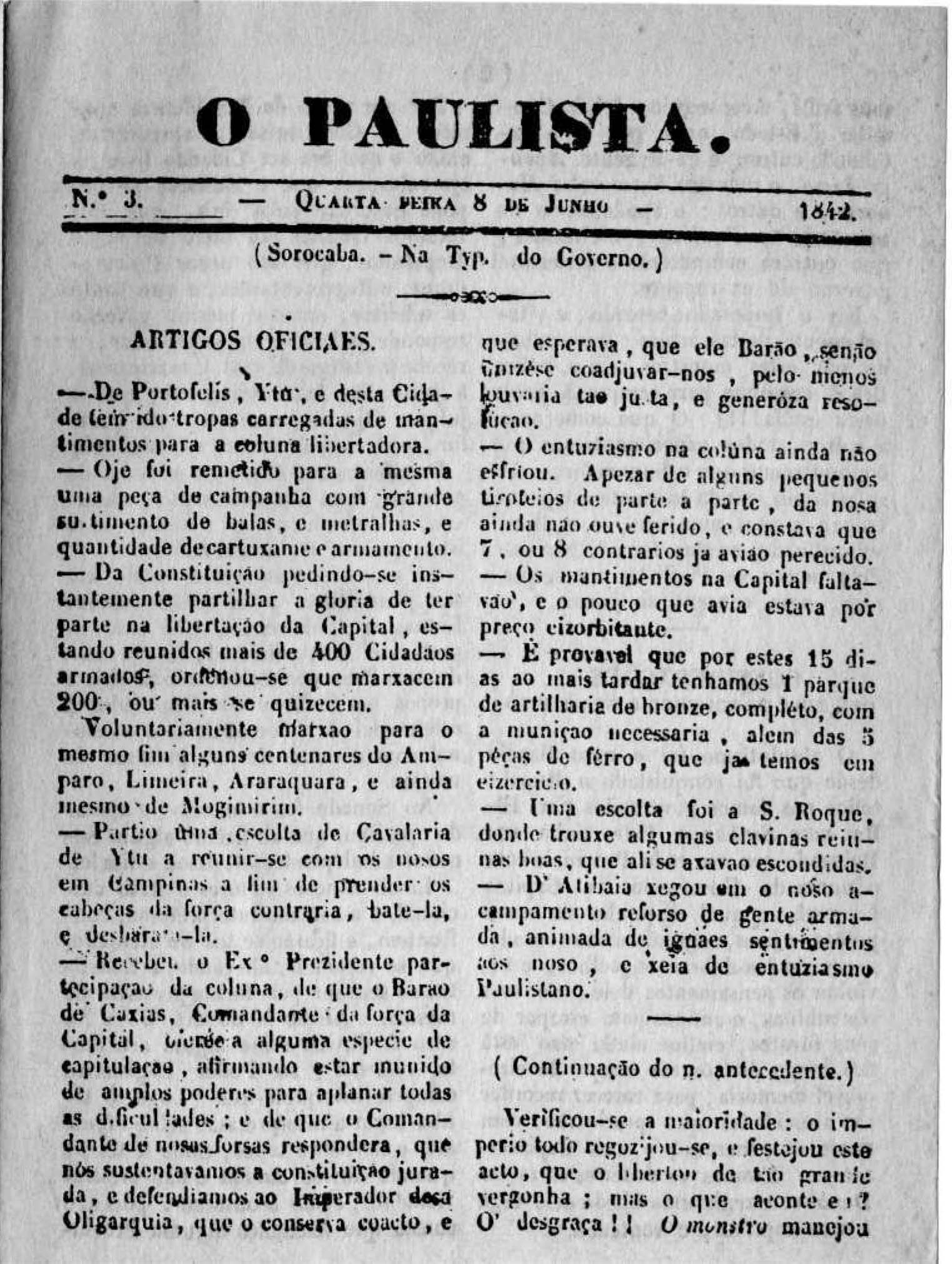 Primeira página do Jornal O Paulista. Fonte: FREITAS, Affonso A. de. A imprensa periódica de São Paulo desde os seus primórdios em 1823 até 1914. Diário Official, 1915.
